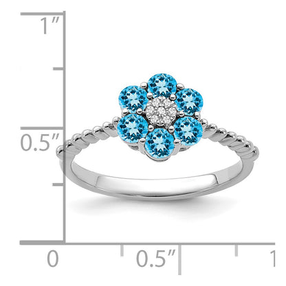14k White Gold Blue Topaz and Real Diamond Floral Ring