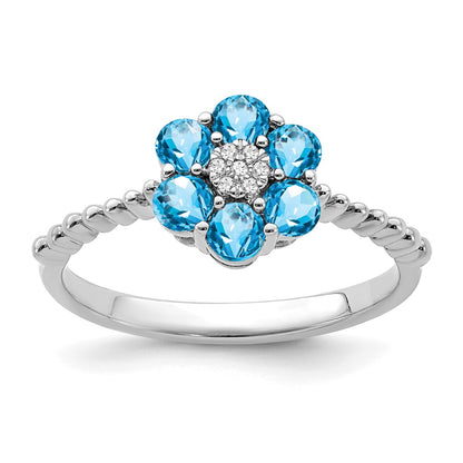 14k White Gold Blue Topaz and Real Diamond Floral Ring