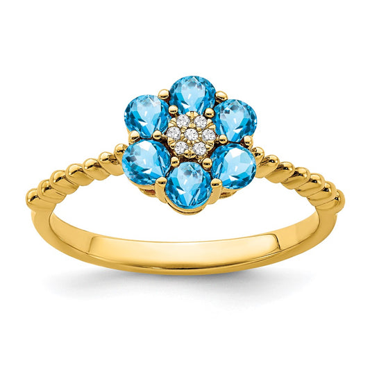 Solid 14k Yellow Gold Simulated Blue Topaz and CZ Floral Ring