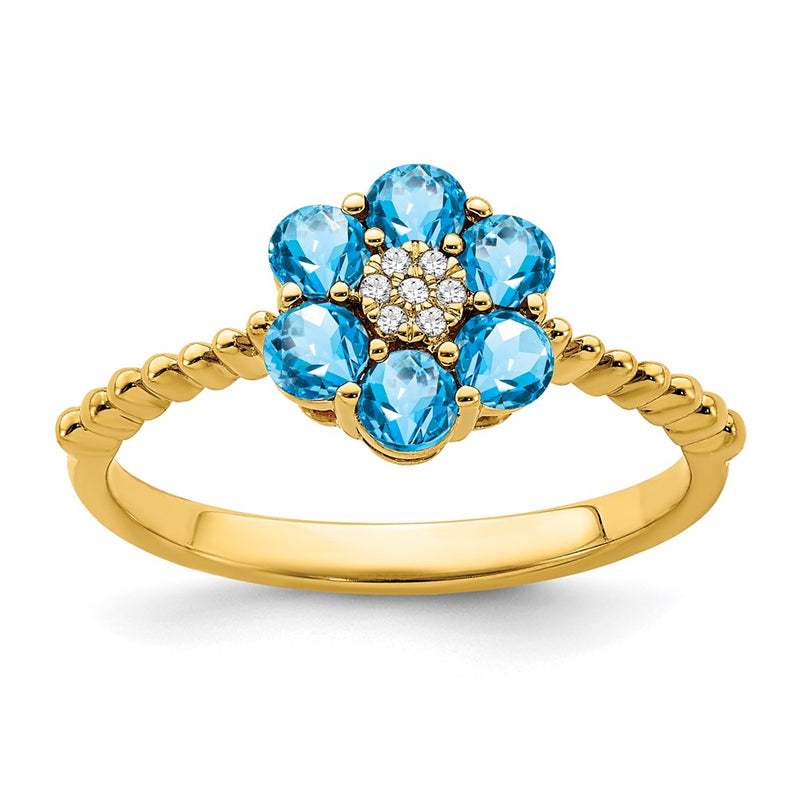 14K Yellow Gold Blue Topaz and Real Diamond Floral Ring