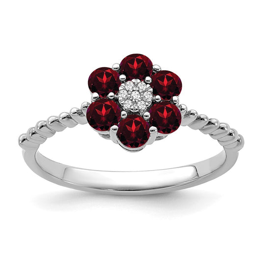 Solid 14k White Gold Simulated Garnet and CZ Floral Ring