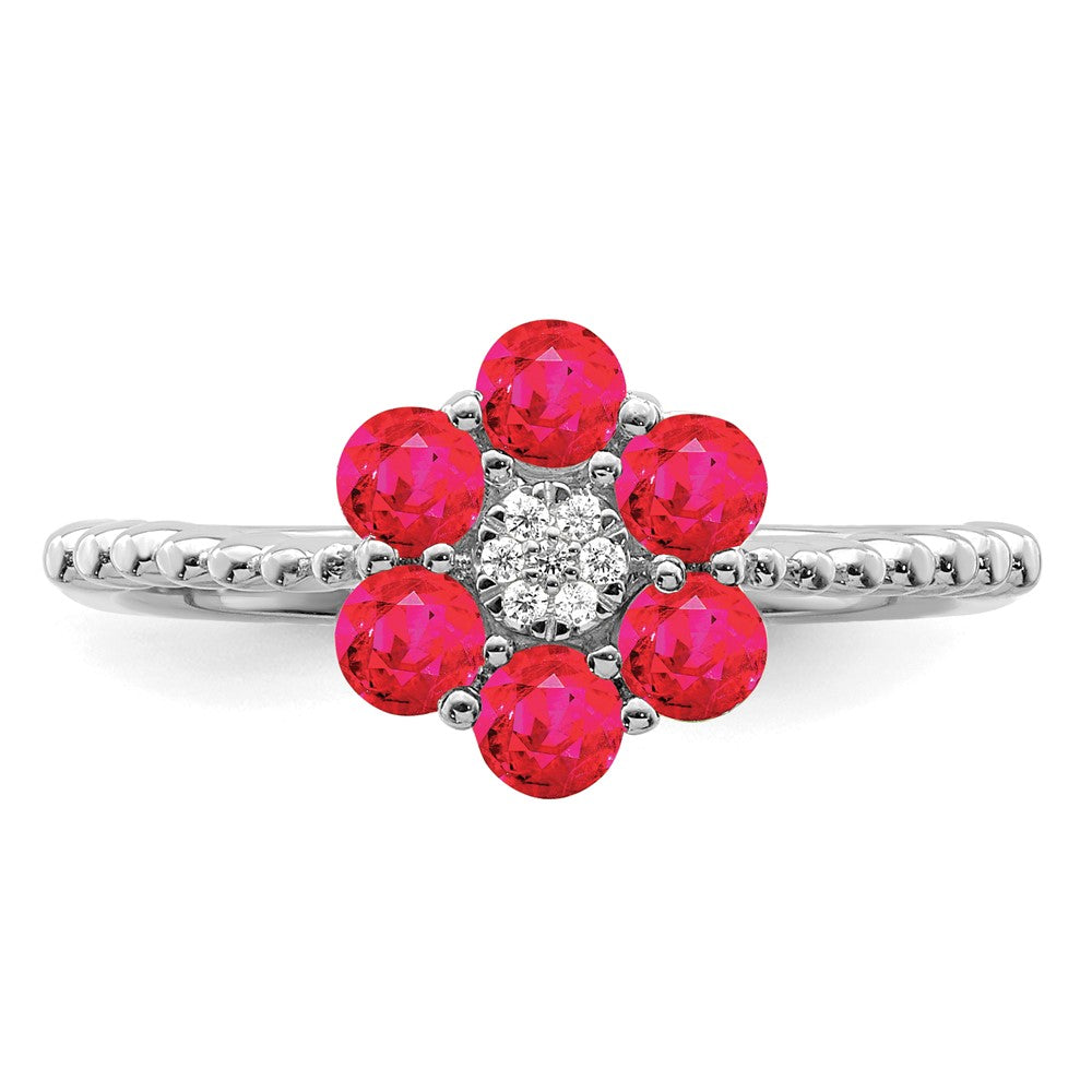 14k White Gold Ruby and Real Diamond Floral Ring