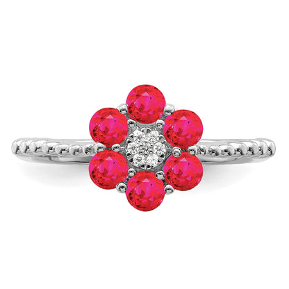 14k White Gold Ruby and Real Diamond Floral Ring