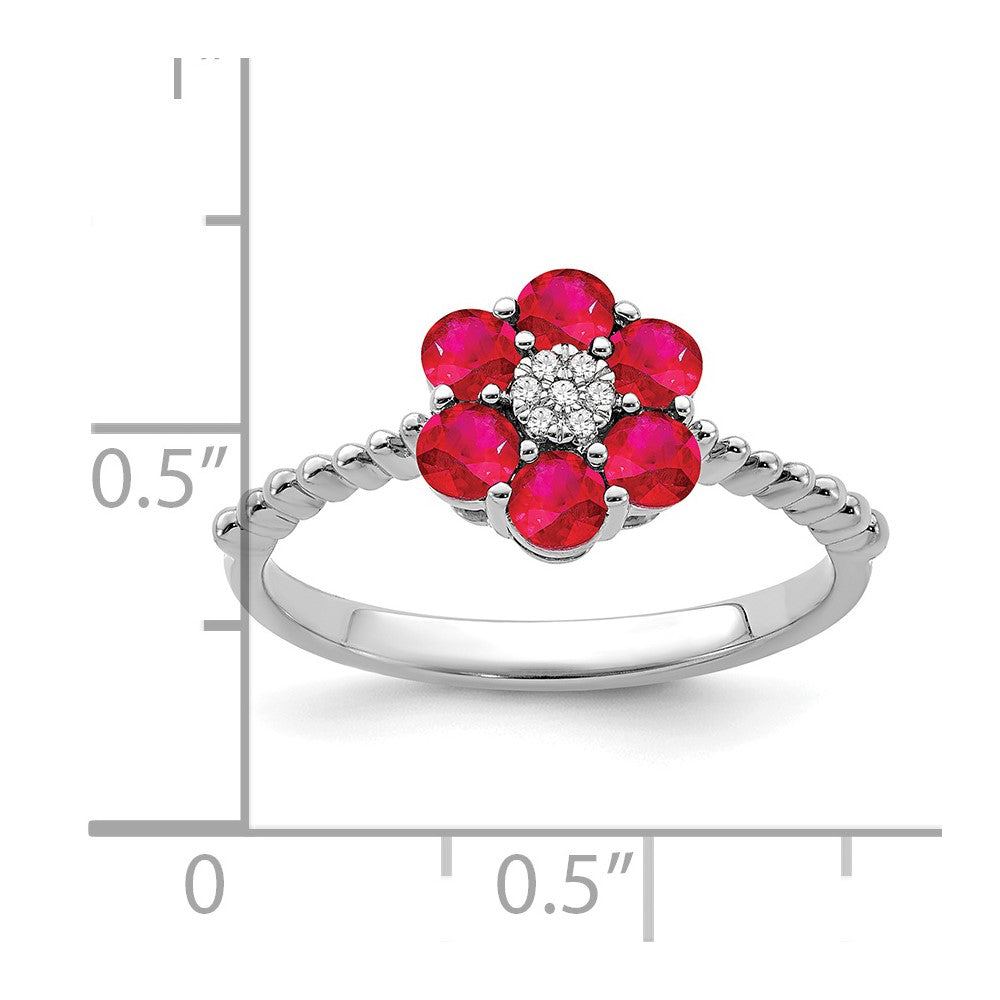 14k White Gold Ruby and Real Diamond Floral Ring