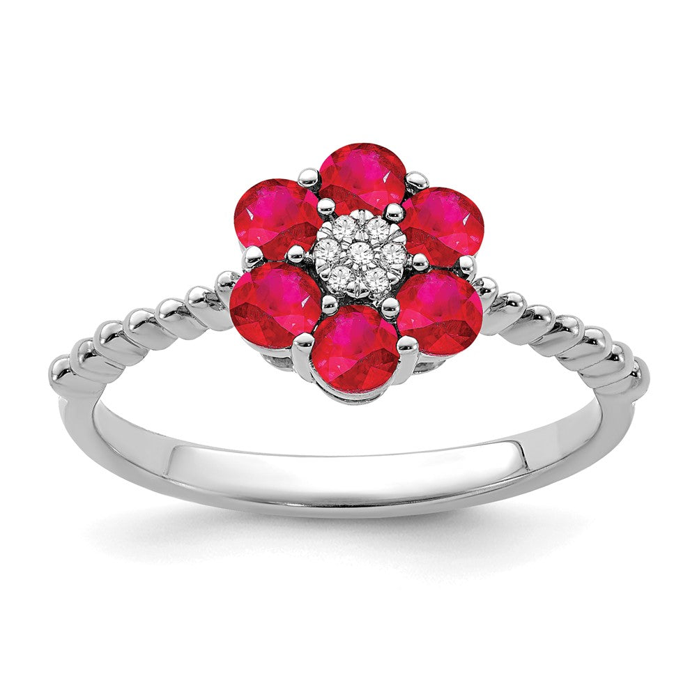 14k White Gold Ruby and Real Diamond Floral Ring