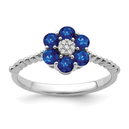 14k White Gold Sapphire and Real Diamond Floral Ring