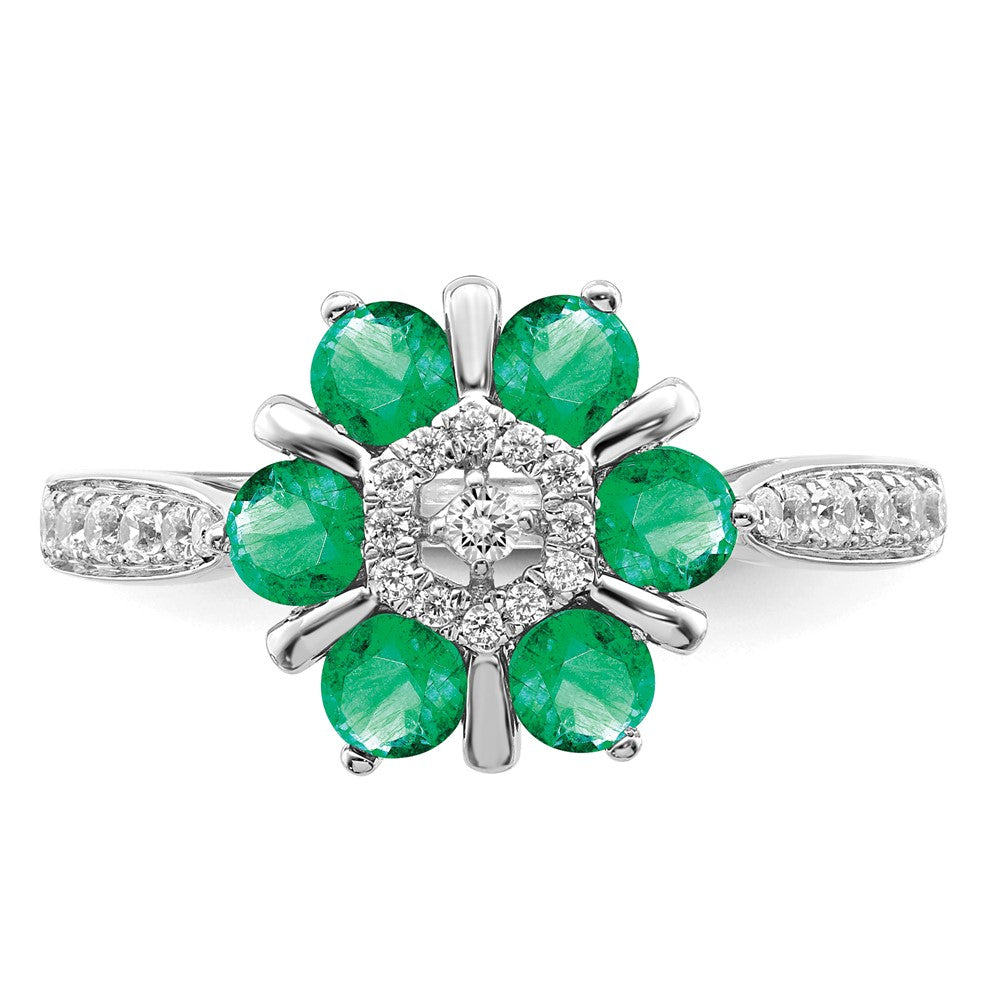14k White Gold Emerald and Real Diamond Floral Ring