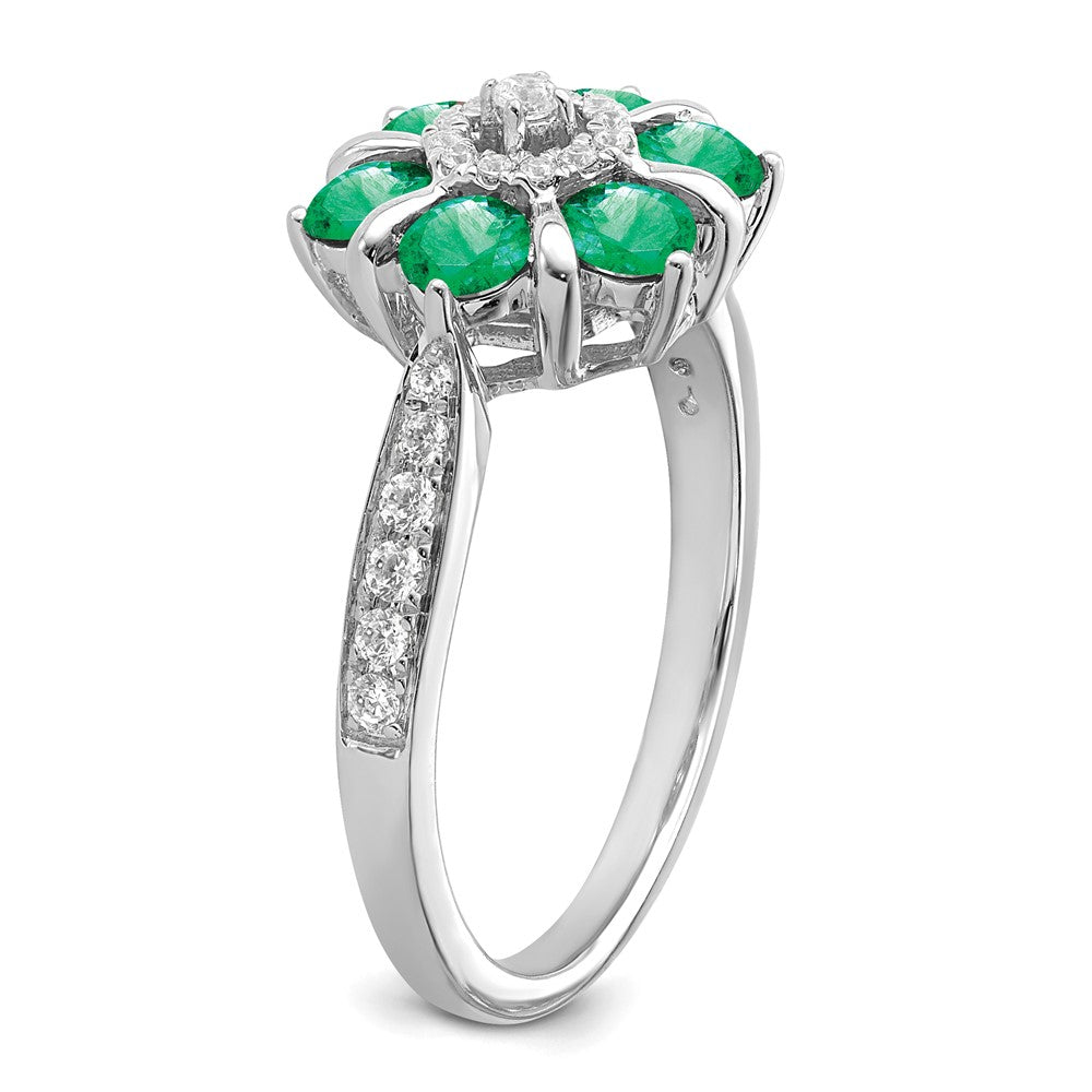 14k White Gold Emerald and Real Diamond Floral Ring