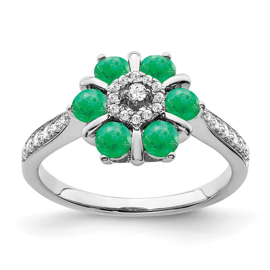 14k White Gold Emerald and Real Diamond Floral Ring