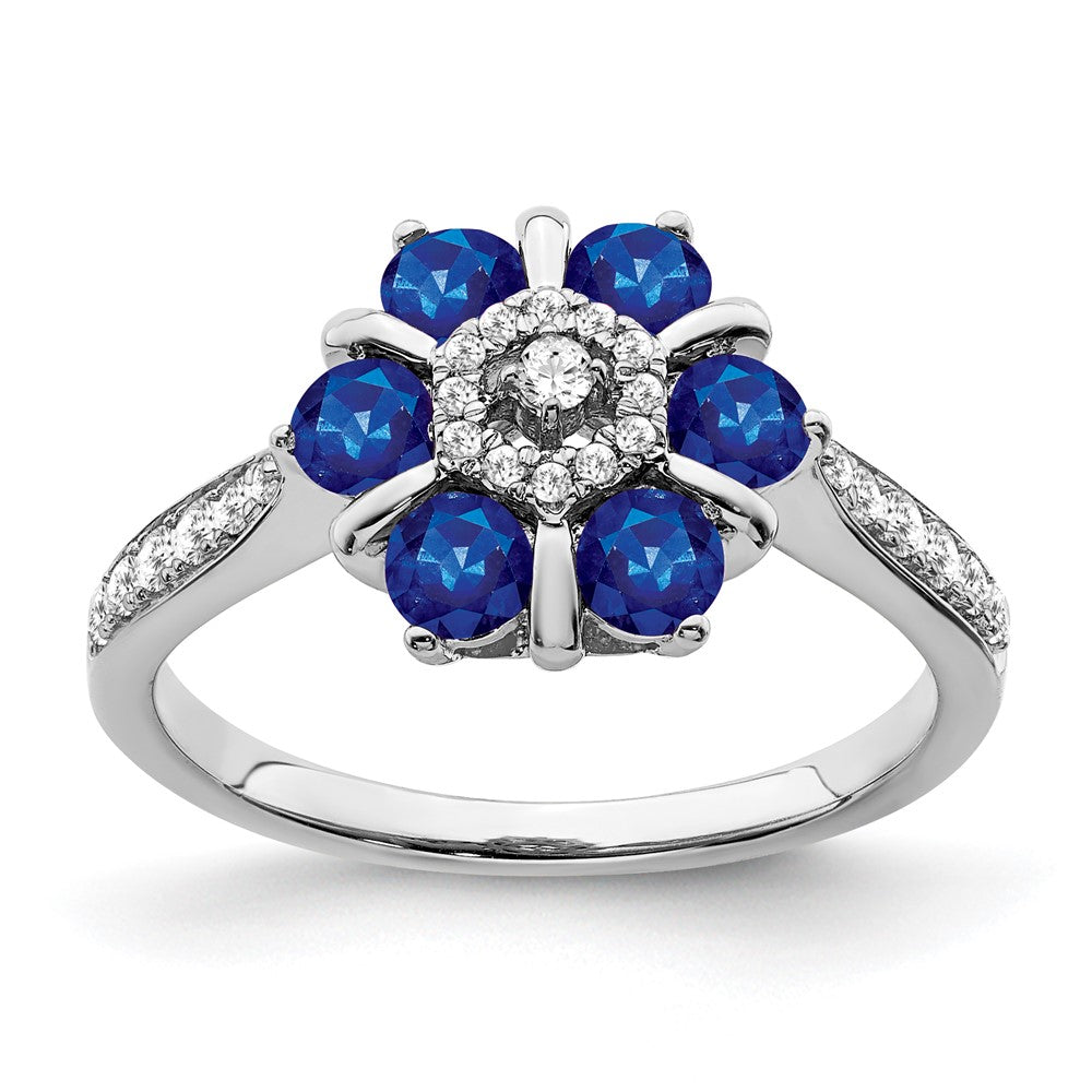 14k White Gold Sapphire and Real Diamond Floral Ring