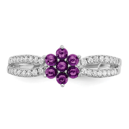 Solid 14k White Gold Simulated Amethyst and CZ Floral Ring