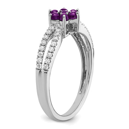 Solid 14k White Gold Simulated Amethyst and CZ Floral Ring