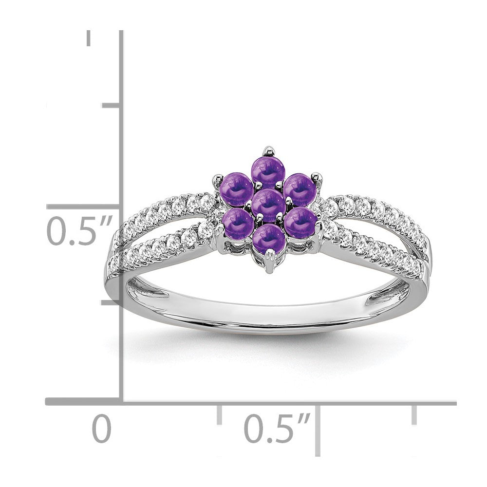 Solid 14k White Gold Simulated Amethyst and CZ Floral Ring