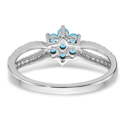 14k White Gold Blue Topaz and Real Diamond Floral Ring