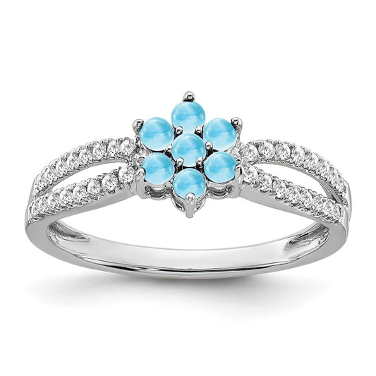 Solid 14k White Gold Simulated Blue Topaz and CZ Floral Ring