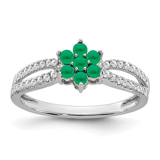 14k White Gold Emerald and Real Diamond Floral Ring