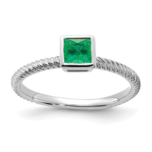 Solid 14k White Gold Square Bezel Simulated Emerald Ring