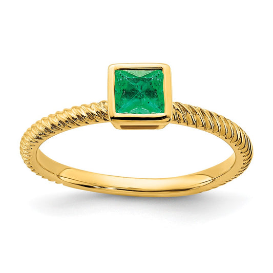 Solid 14k Yellow Gold Square Bezel Simulated Emerald Ring