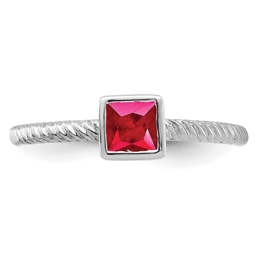 Solid 14k White Gold Square Bezel Simulated Ruby Ring