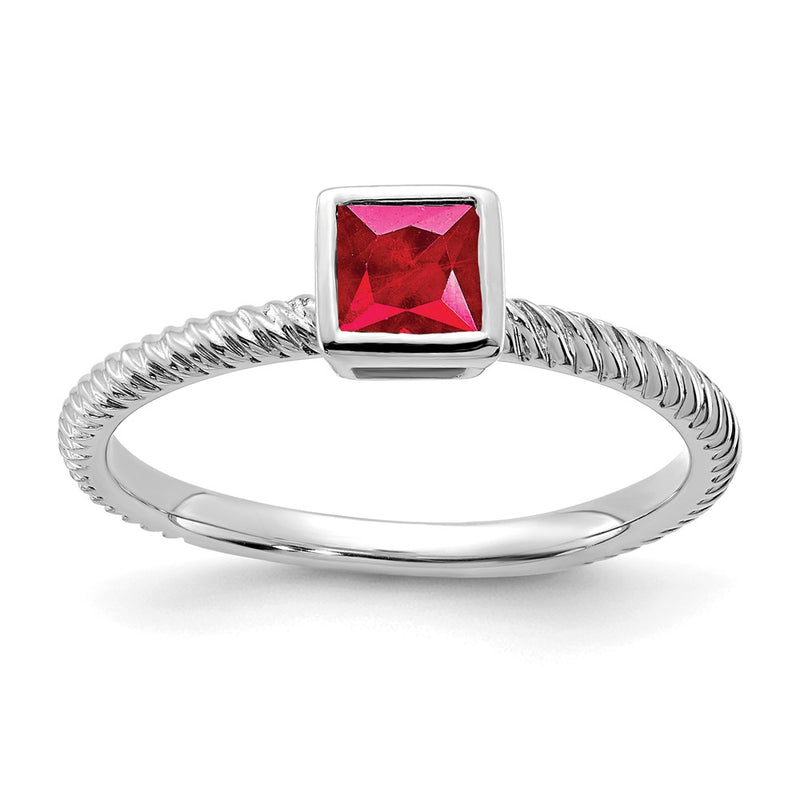 Solid 14k White Gold Square Bezel Simulated Ruby Ring