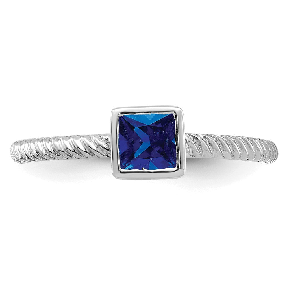 Solid 14k White Gold Square Bezel Simulated Sapphire Ring