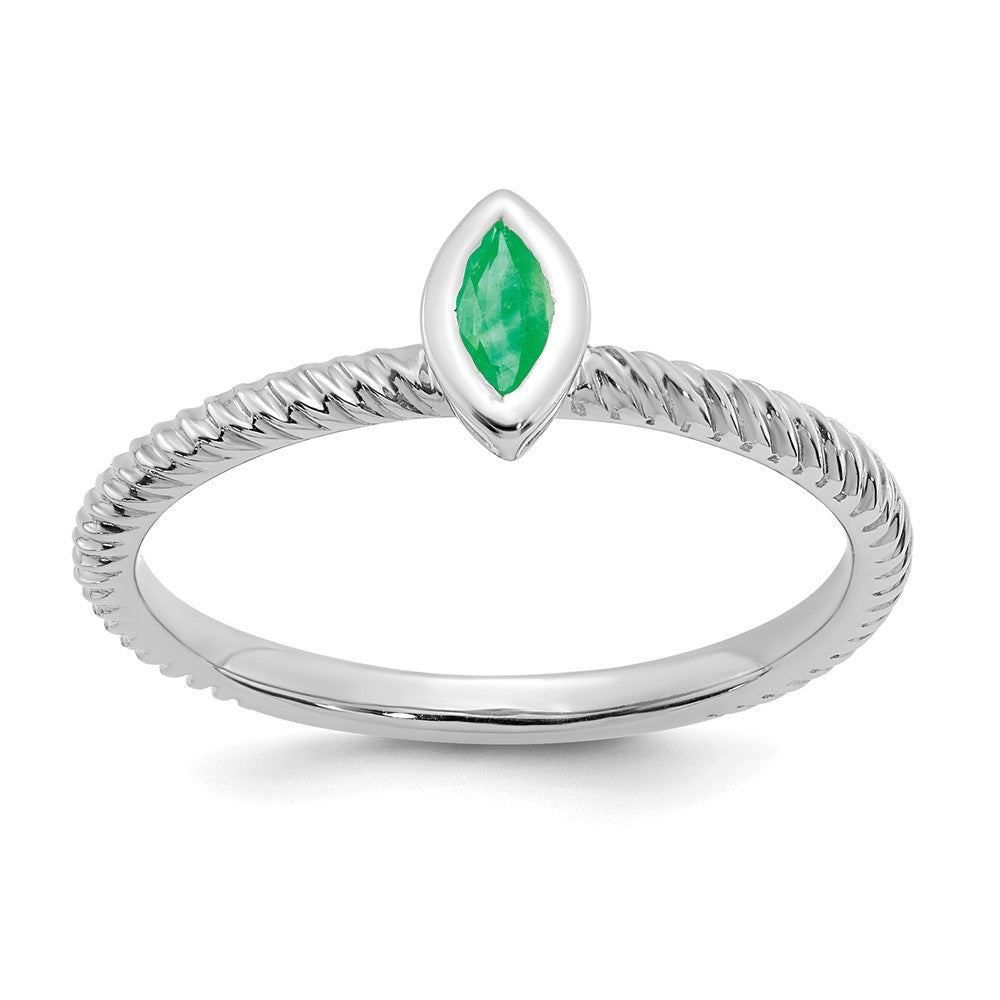 Solid 14k White Gold Marquise Bezel Simulated Emerald Ring