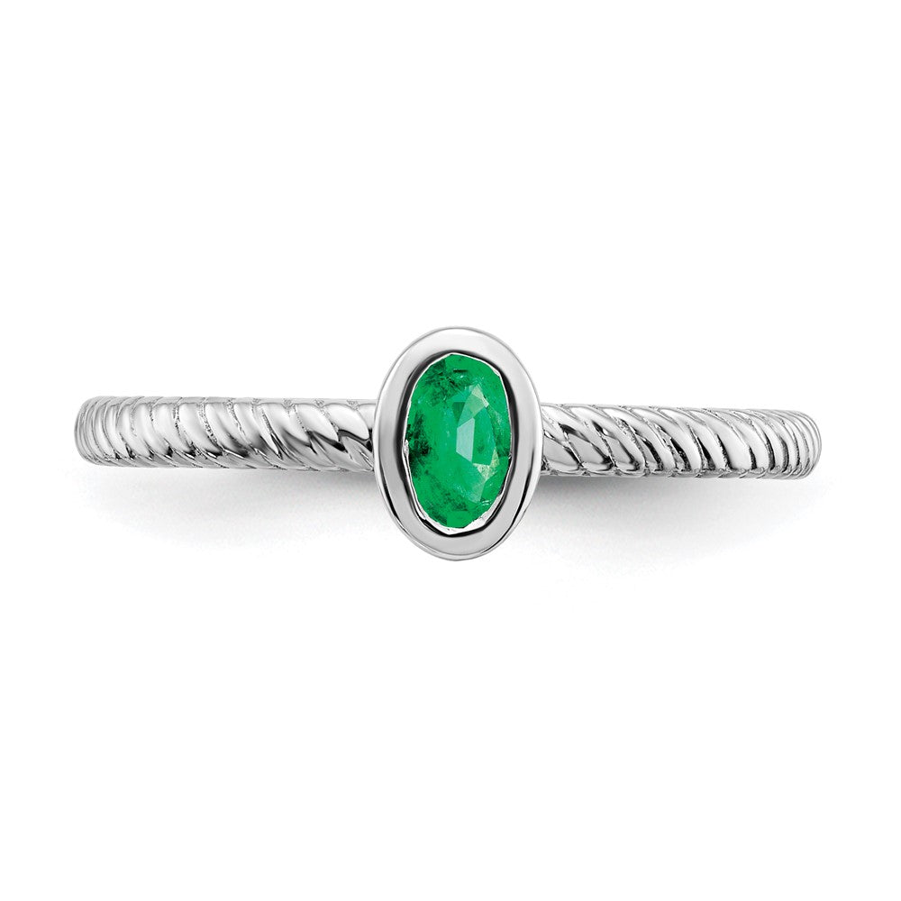 Solid 14k White Gold Oval Bezel Simulated Emerald Ring