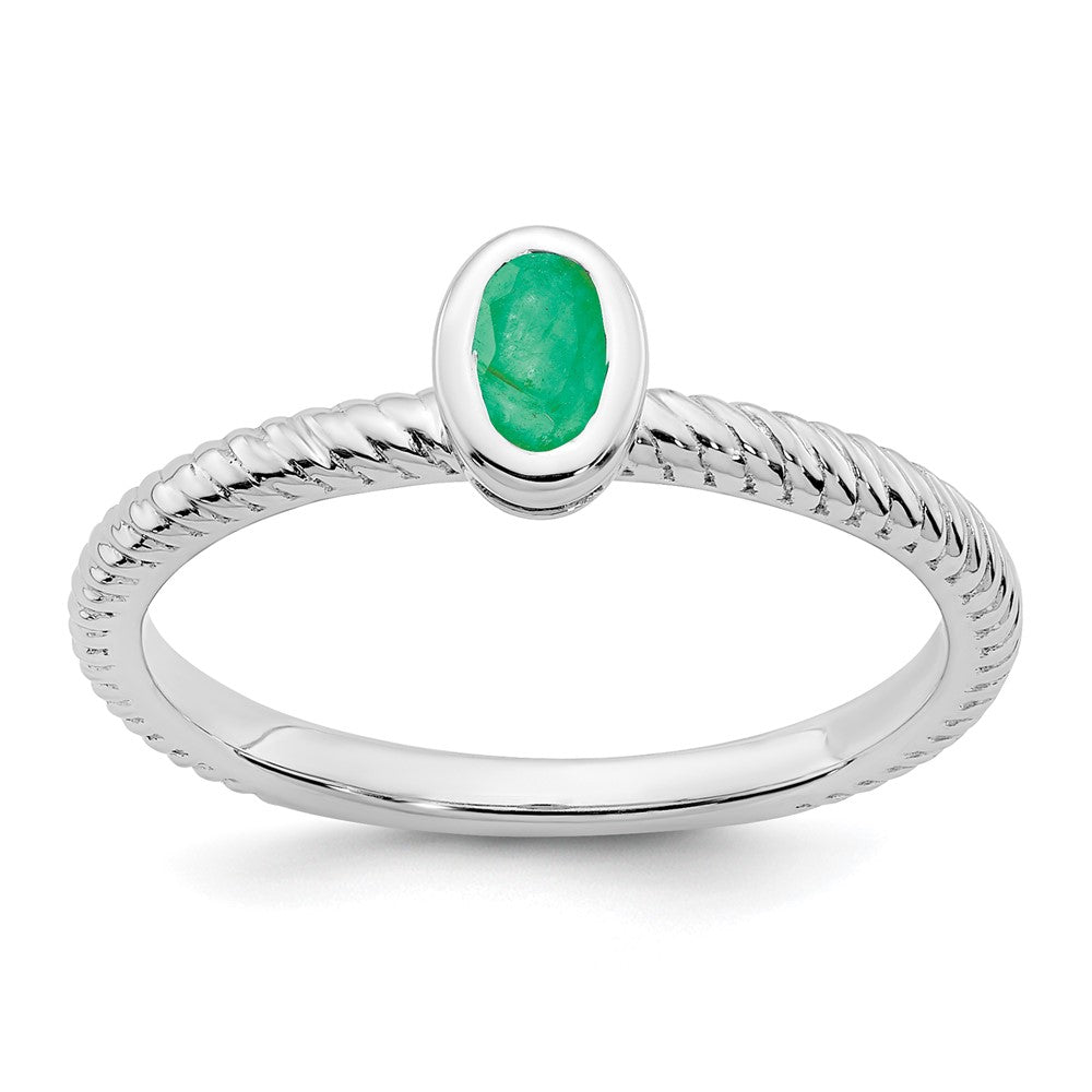 Solid 14k White Gold Oval Bezel Simulated Emerald Ring