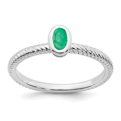 Solid 14k White Gold Oval Bezel Simulated Emerald Ring