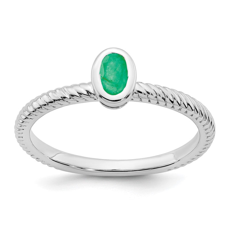 Solid 14k White Gold Oval Bezel Simulated Emerald Ring
