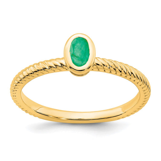 Solid 14k Yellow Gold Oval Bezel Simulated Emerald Ring