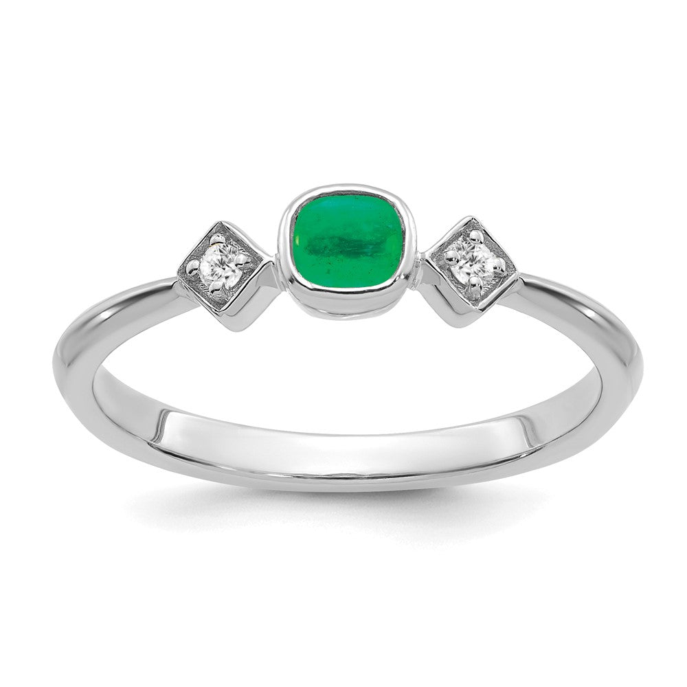 14k White Gold Emerald and Real Diamond Ring