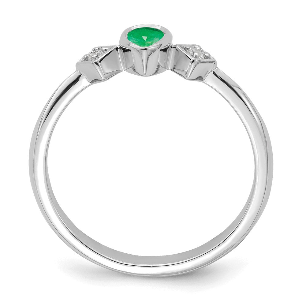 14k White Gold Pear Bezel Emerald and Real Diamond Ring