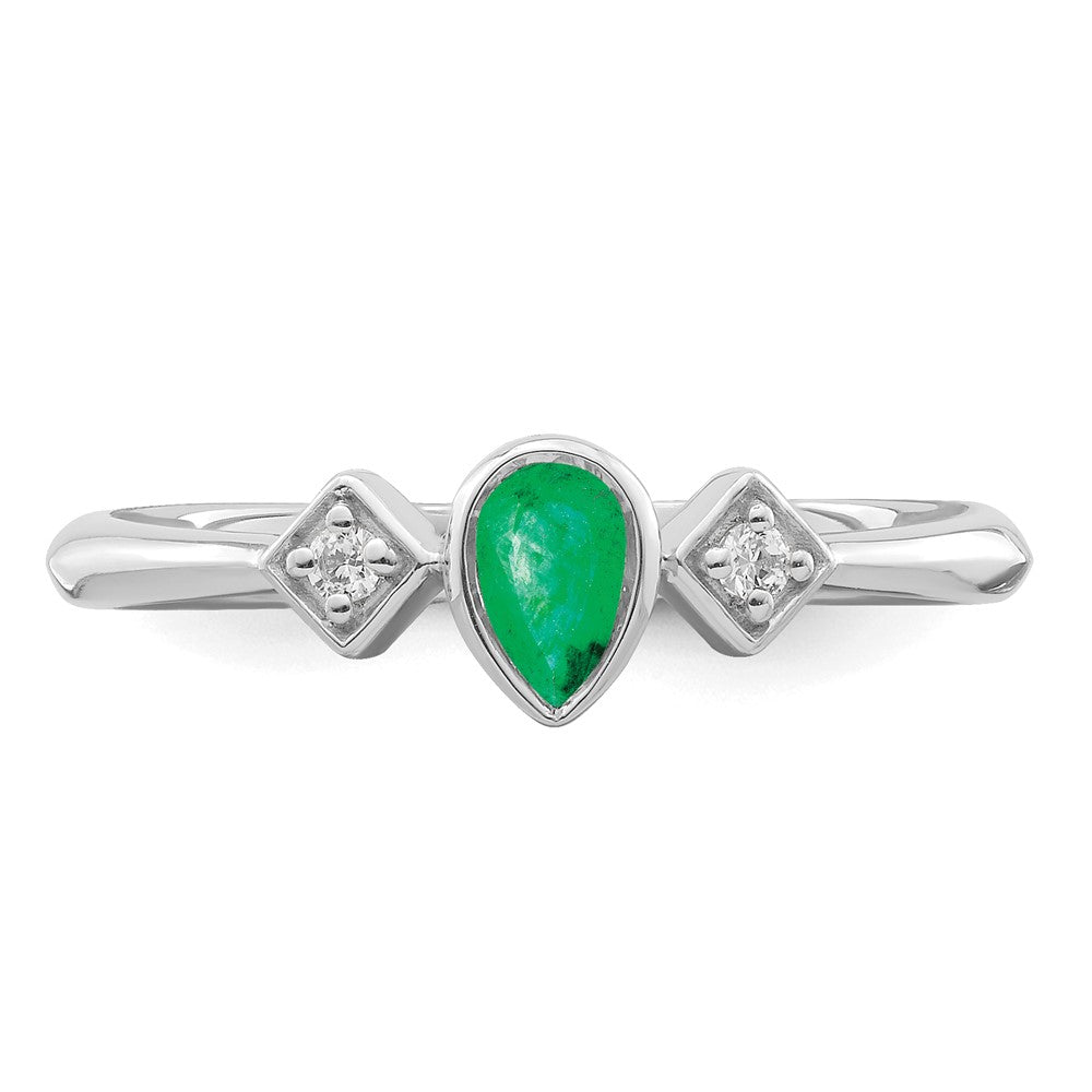 14k White Gold Pear Bezel Emerald and Real Diamond Ring