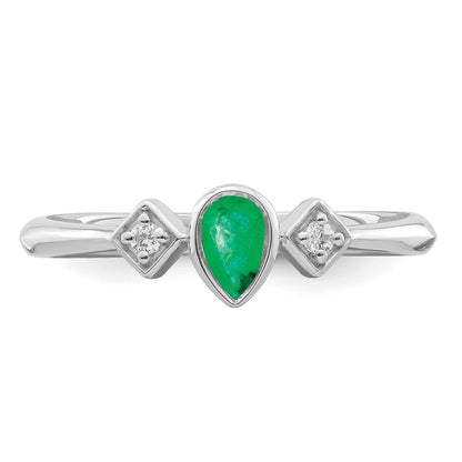 14k White Gold Pear Bezel Emerald and Real Diamond Ring