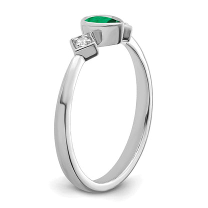 14k White Gold Pear Bezel Emerald and Real Diamond Ring