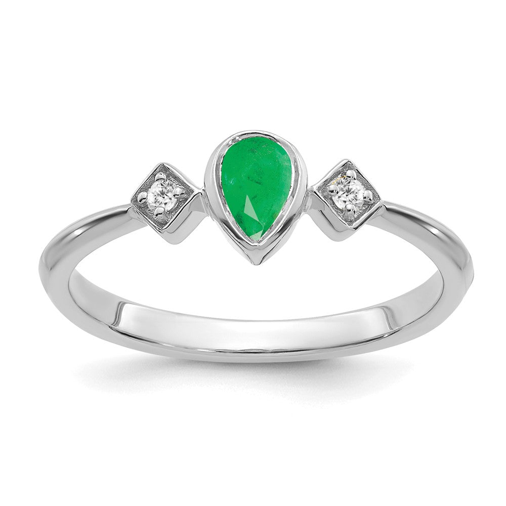 14k White Gold Pear Bezel Emerald and Real Diamond Ring