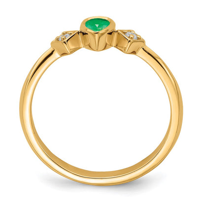 14K Yellow Gold Pear Bezel Emerald and Real Diamond Ring