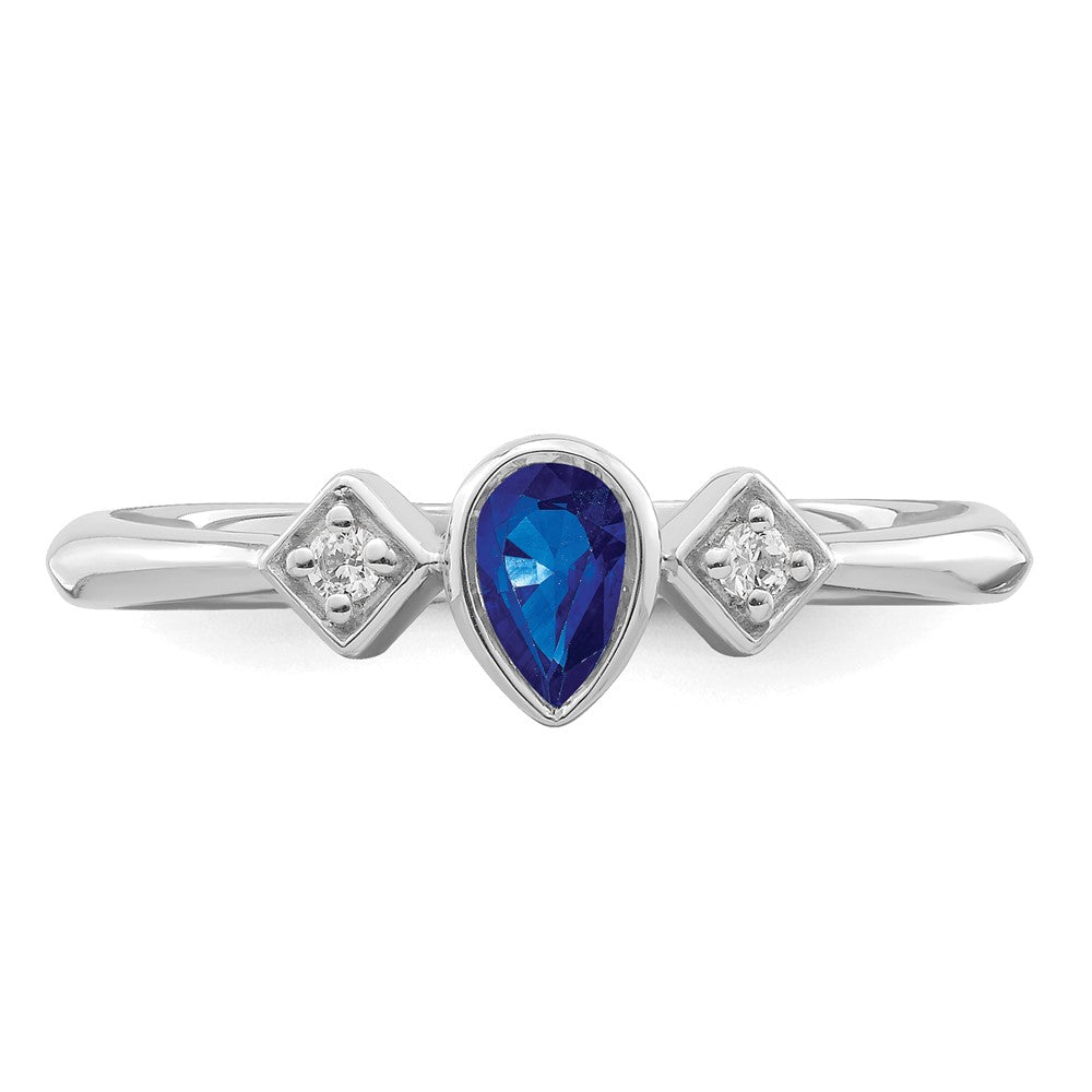 14k White Gold Pear Bezel Sapphire and Real Diamond Ring