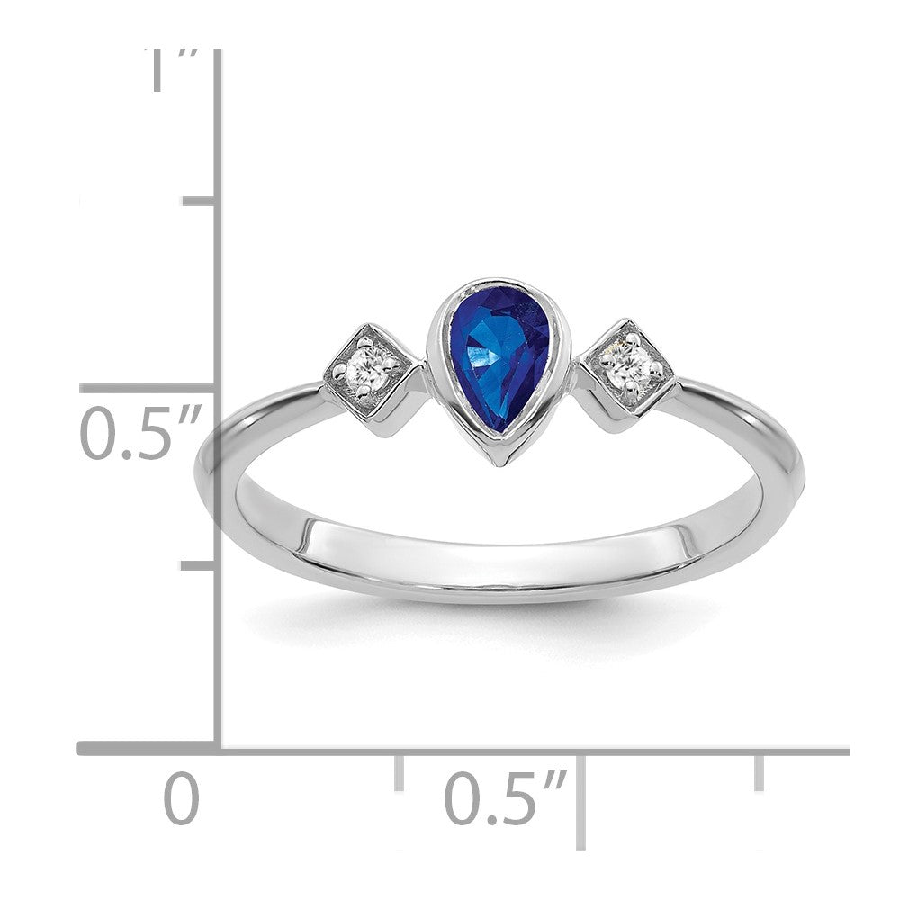 14k White Gold Pear Bezel Sapphire and Real Diamond Ring