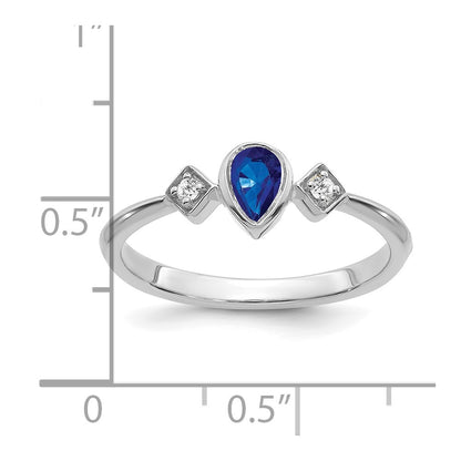 14k White Gold Pear Bezel Sapphire and Real Diamond Ring