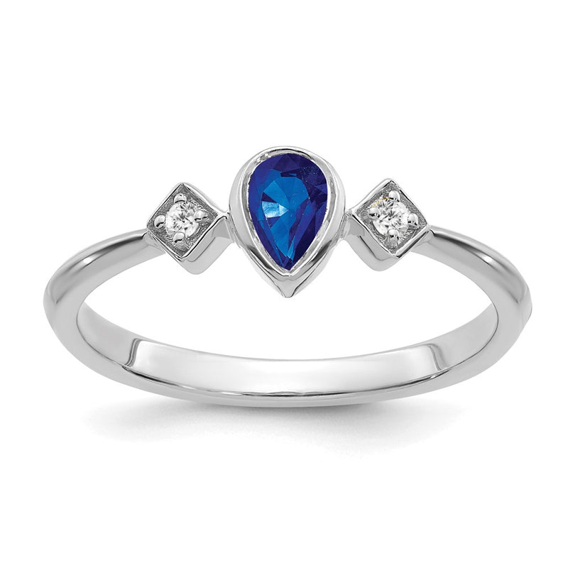 14k White Gold Pear Bezel Sapphire and Real Diamond Ring