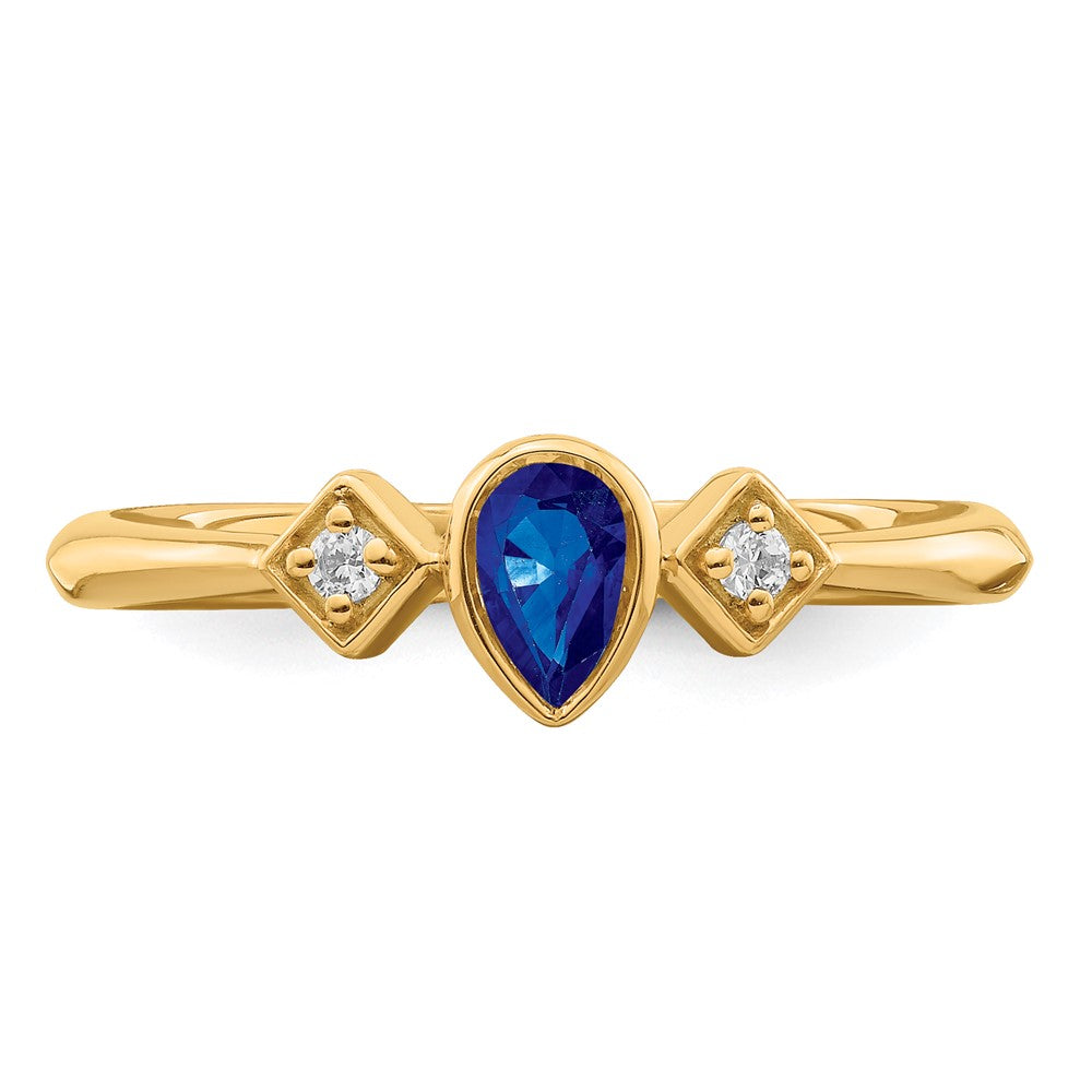 14K Yellow Gold Pear Bezel Sapphire and Real Diamond Ring