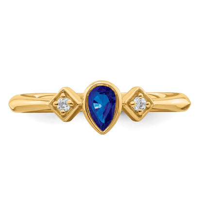 14K Yellow Gold Pear Bezel Sapphire and Real Diamond Ring