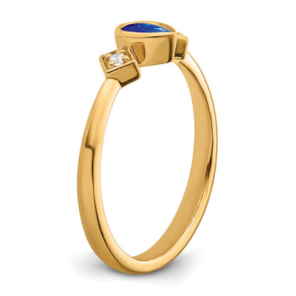 14K Yellow Gold Pear Bezel Sapphire and Real Diamond Ring