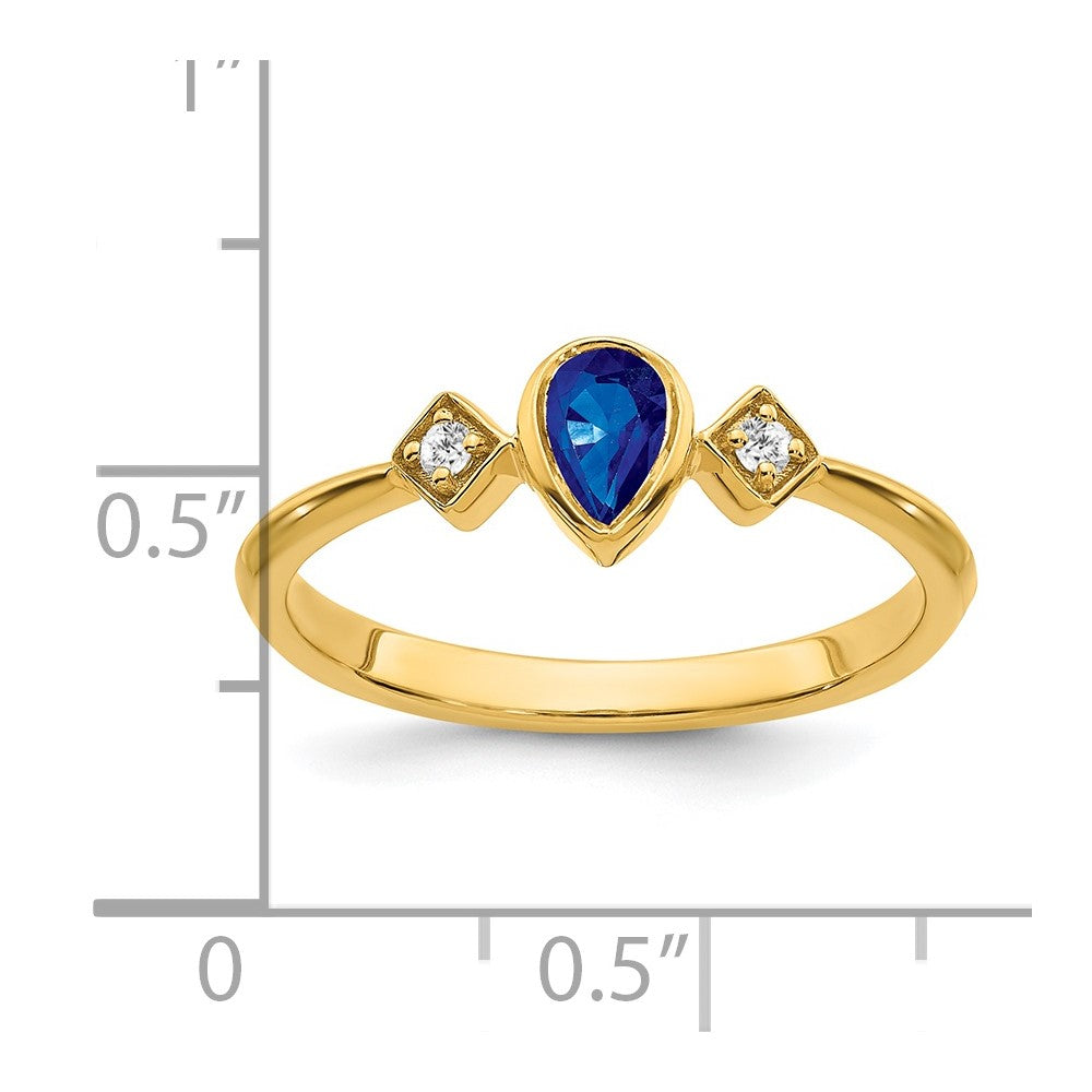 14K Yellow Gold Pear Bezel Sapphire and Real Diamond Ring