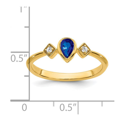 14K Yellow Gold Pear Bezel Sapphire and Real Diamond Ring