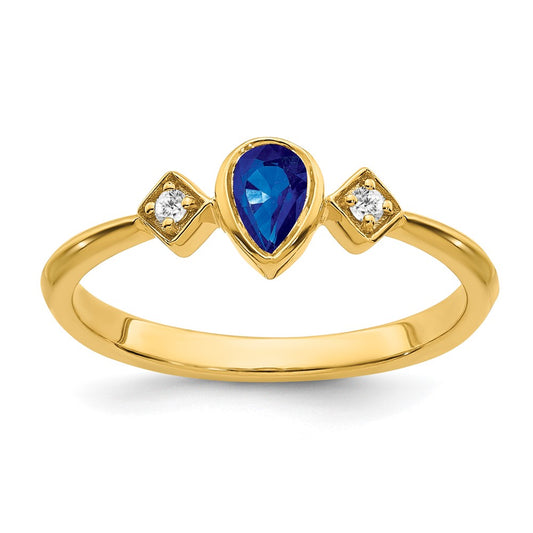 14K Yellow Gold Pear Bezel Sapphire and Real Diamond Ring