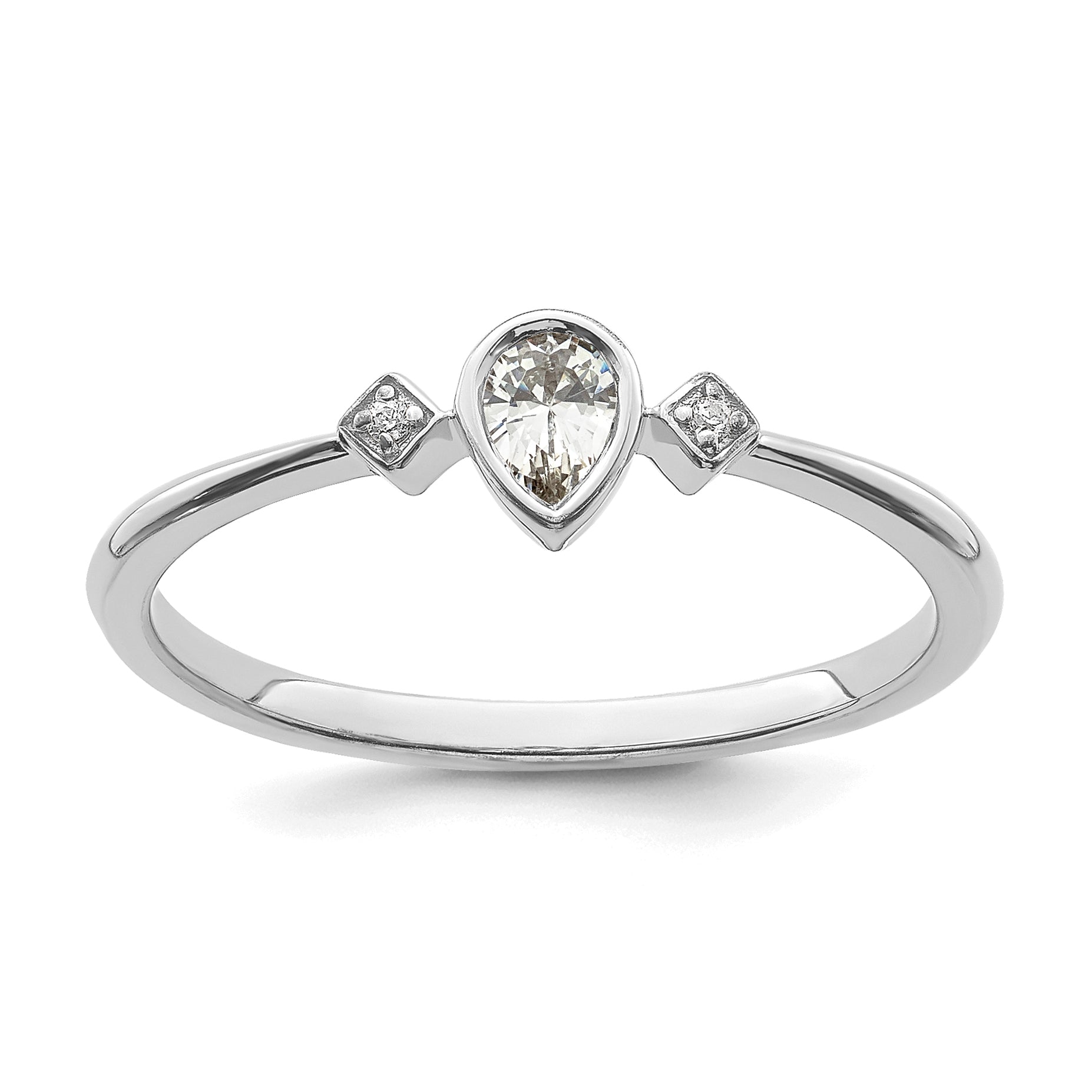 0.11ct. CZ Solid Real 14k White Gold Polish Petite Pear Complete Dia Ring