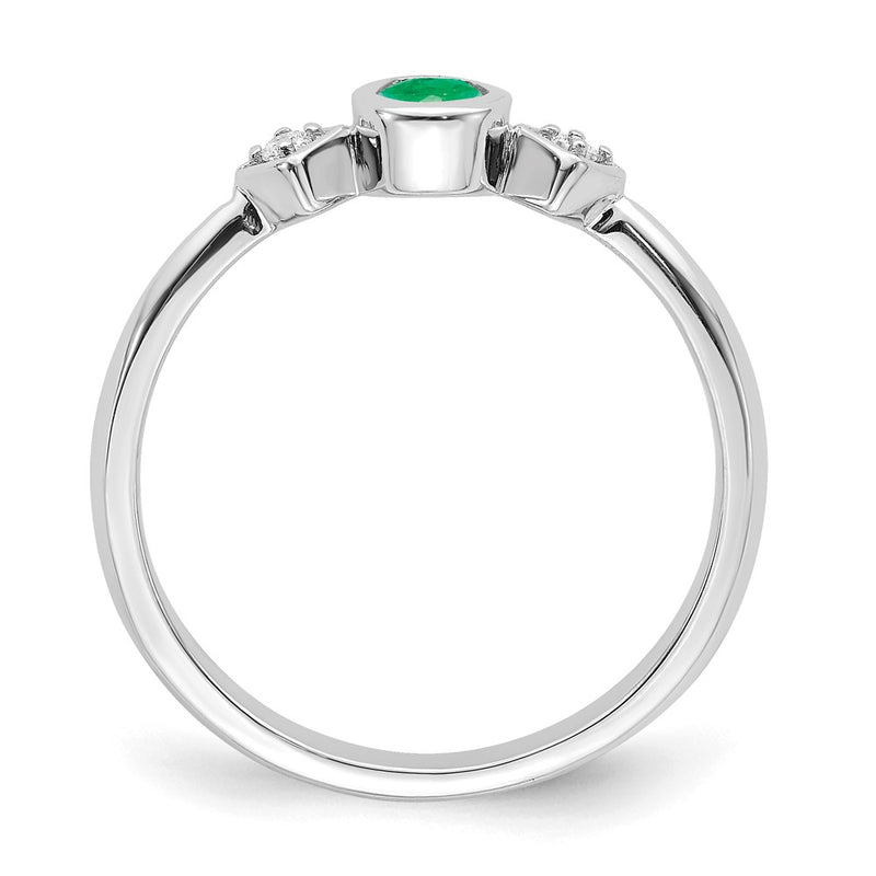 14k White Gold Oval Bezel Emerald and Real Diamond Ring